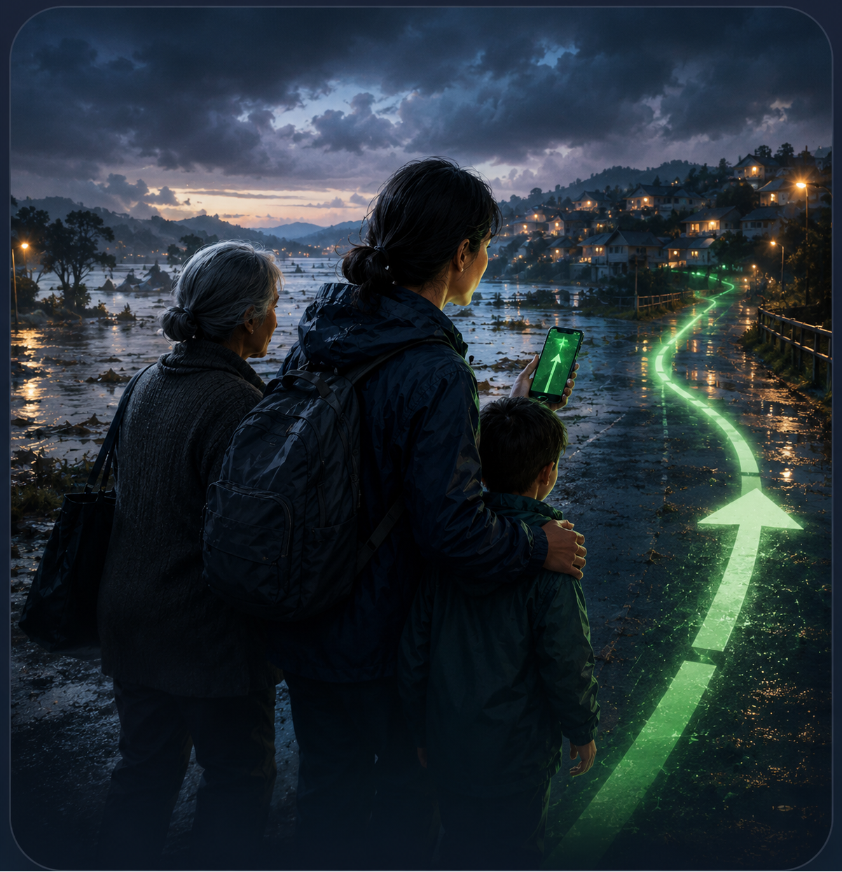 A family follows a glowing green evacuation route to safety as floodwaters rise at dusk